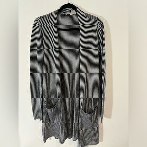 Loft Size Medium Navy Blue/White Striped Open Front Long Cardigan Fall Casual